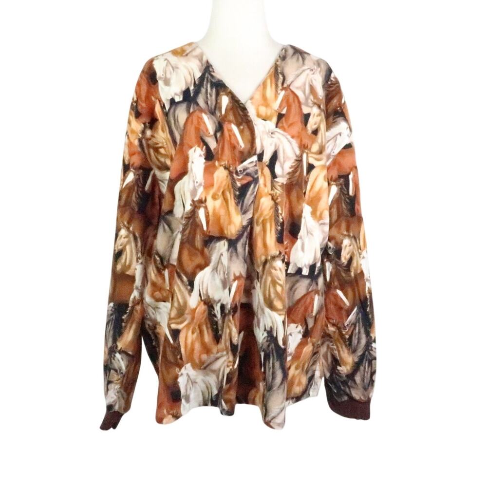 Vintage Brown Horse Print Flannel Pullover Long Sleeve Top XL
